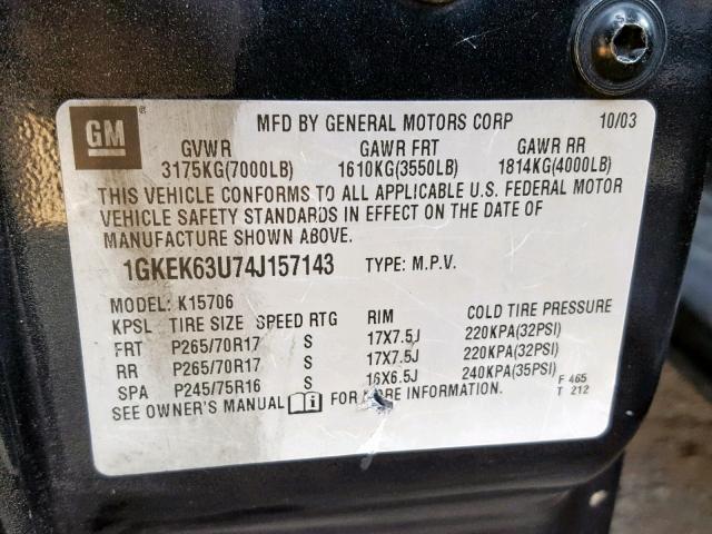 1GKEK63U74J157143 - 2004 GMC YUKON DENA BLACK photo 10