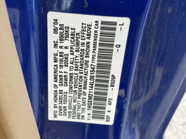 1HGEM21144L061547 - 2004 HONDA CIVIC DX V BLUE photo 10