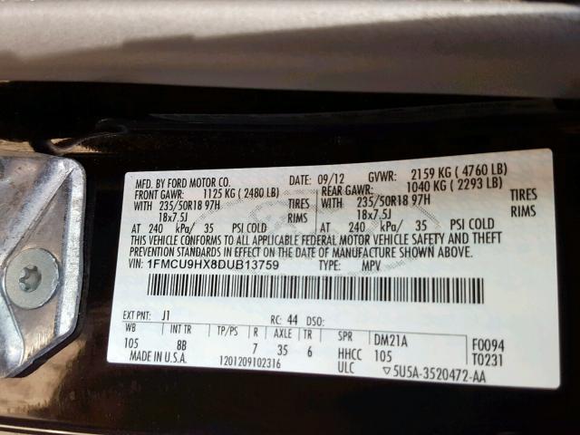 1FMCU9HX8DUB13759 - 2013 FORD ESCAPE SEL BLACK photo 10