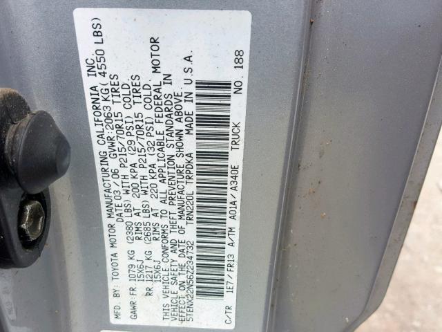 5TENX22N56Z234732 - 2006 TOYOTA TACOMA GRAY photo 10