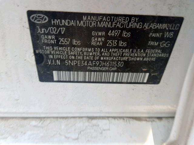 5NPE34AF9JH611530 - 2018 HYUNDAI SONATA SPO WHITE photo 10