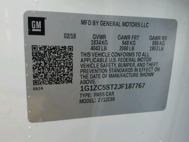 1G1ZC5ST2JF187767 - 2018 CHEVROLET MALIBU LS თეთრი ფოტო 10