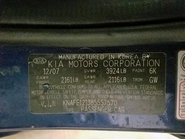 KNAFE121385557570 - 2008 KIA SPECTRA EX BLUE photo 10