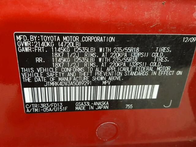 JTMRK4DV3A5089291 - 2010 TOYOTA RAV4 SPORT RED photo 10