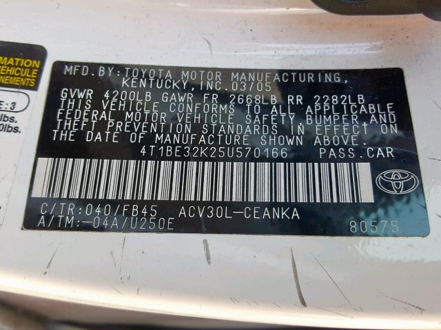 4T1BE32K25U570166 - 2005 TOYOTA CAMRY LE WHITE photo 10