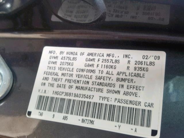 1HGCP36819A035467 - 2009 HONDA ACCORD EXL GRAY photo 10