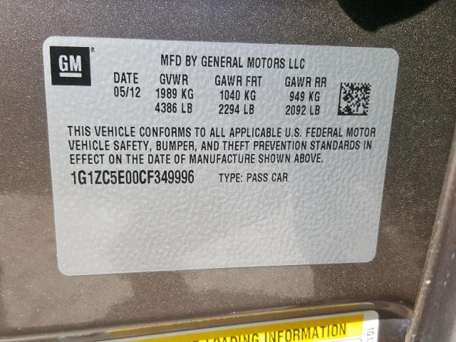 1G1ZC5E00CF349996 - 2012 CHEVROLET MALIBU 1LT BROWN photo 10