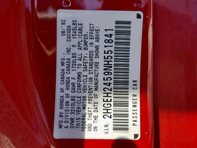 2HGEH2459NH551841 - 1992 HONDA CIVIC DX RED photo 10