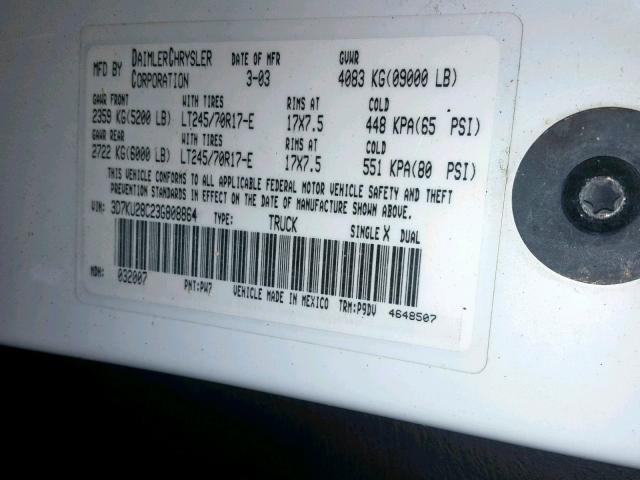 3D7KU28C23G808864 - 2003 DODGE RAM 2500 S Ağ foto 10