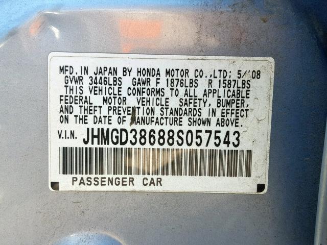 JHMGD38688S057543 - 2008 HONDA FIT SPORT BLUE photo 10