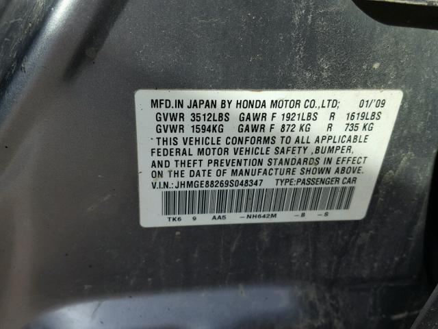 JHMGE88269S048347 - 2009 HONDA FIT GRAY photo 10