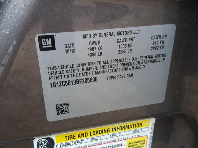 1G1ZC5E18BF205698 - 2011 CHEVROLET MALIBU 1LT ყავისფერი ფოტო 10