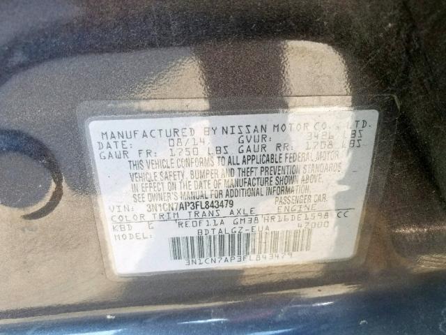 3N1CN7AP3FL843479 - 2015 NISSAN VERSA S GRAY photo 10