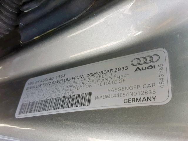 WAUML44E54N012835 - 2004 AUDI A8 L QUATT SILVER photo 10