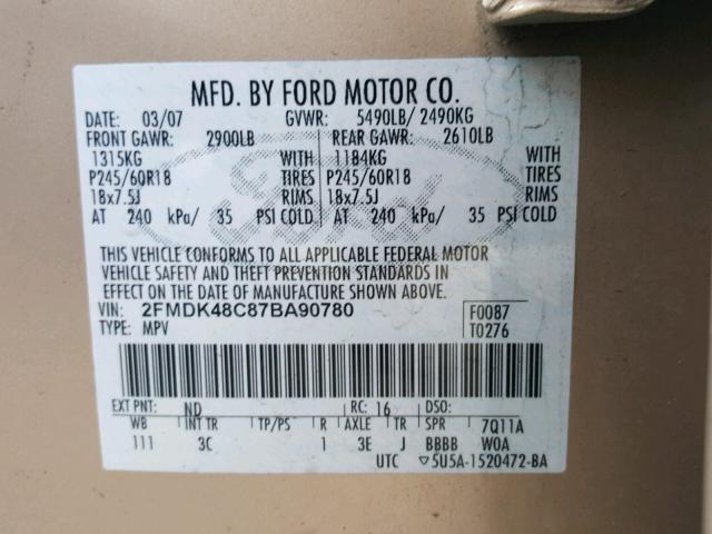 2FMDK48C87BA90780 - 2007 FORD EDGE SEL WHITE photo 10