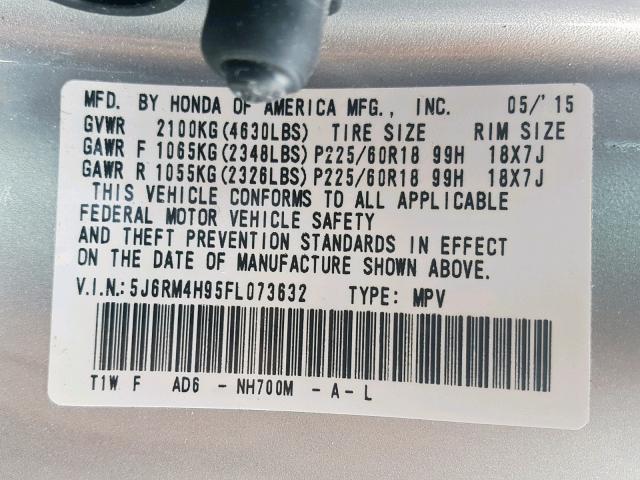 5J6RM4H95FL073632 - 2015 HONDA CR-V TOURI SILVER photo 10