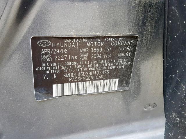 KMHDU46D38U497875 - 2008 HYUNDAI ELANTRA GL GRAY photo 10