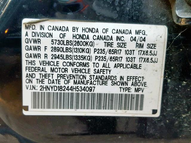 2HNYD18244H534097 - 2004 ACURA MDX BLACK photo 10