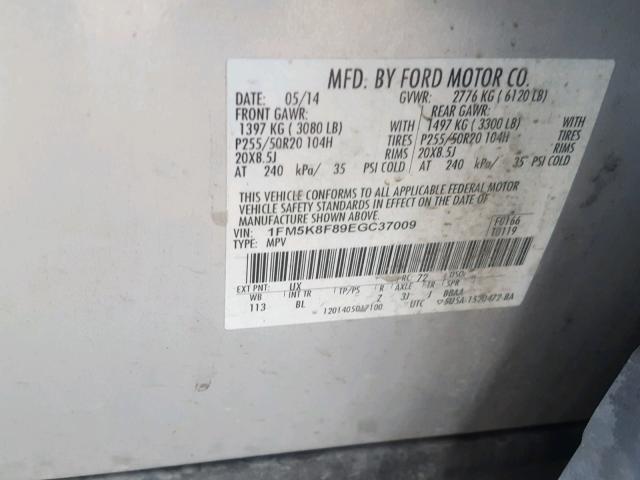 1FM5K8F89EGC37009 - 2014 FORD EXPLORER L SILVER photo 10