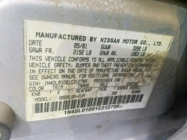 1N4DL01D01C212705 - 2001 NISSAN ALTIMA XE SILVER photo 10