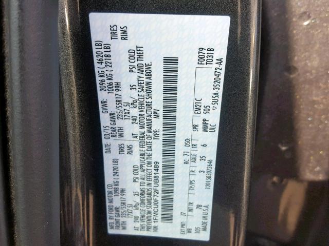 1FMCU0F72FUB81489 - 2015 FORD ESCAPE S CHARCOAL photo 10