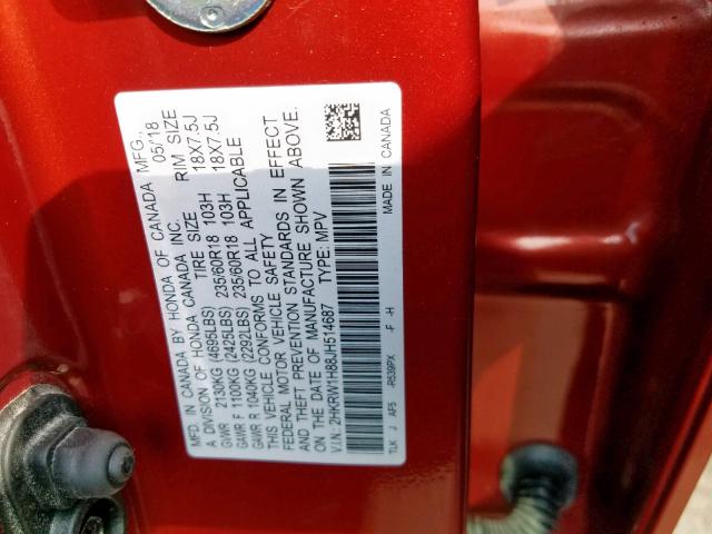 2HKRW1H88JH514687 - 2018 HONDA CR-V EXL RED photo 10