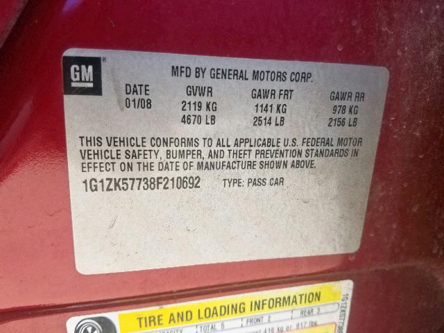 1G1ZK57738F210692 - 2008 CHEVROLET MALIBU LTZ მუქწითელი ფოტო 10