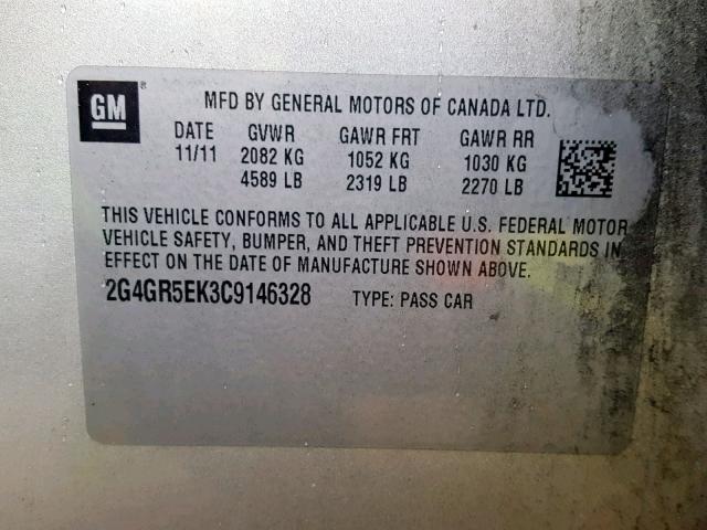 2G4GR5EK3C9146328 - 2012 BUICK REGAL SILVER photo 10