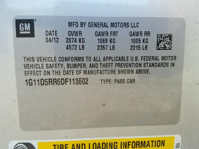 1G11D5RR6DF113602 - 2013 CHEVROLET MALIBU 1LT SILVER photo 10