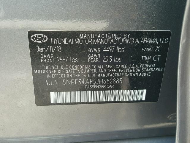 5NPE34AF5JH682885 - 2018 HYUNDAI SONATA SPO GRAY photo 10