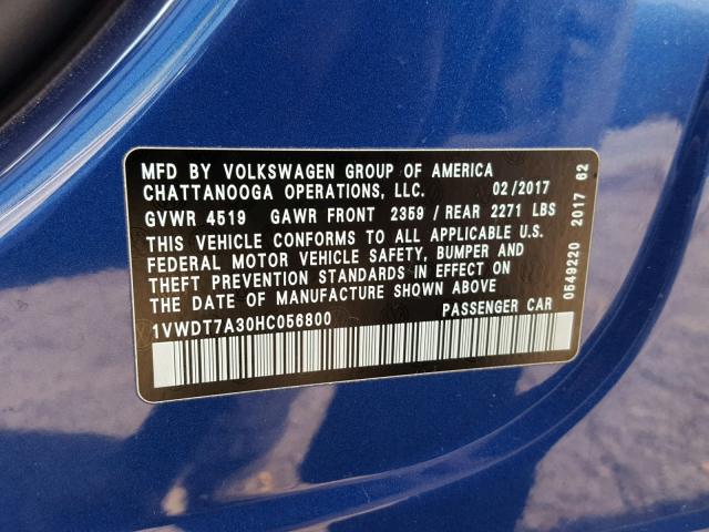 1VWDT7A30HC056800 - 2017 VOLKSWAGEN PASSAT R-L BLUE photo 10