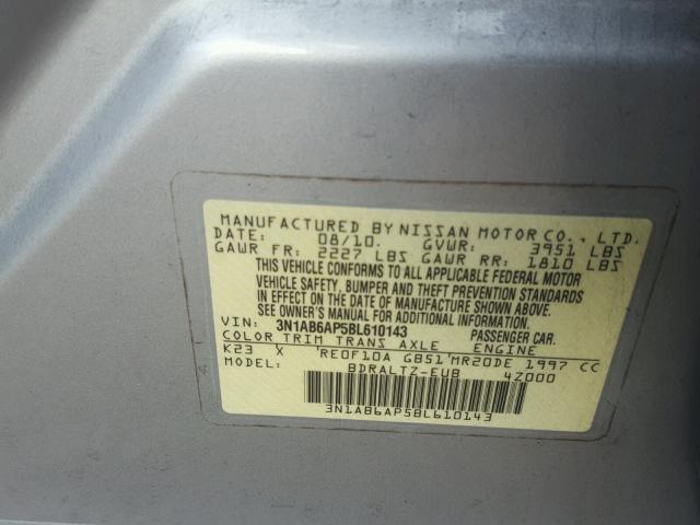 3N1AB6AP5BL610143 - 2011 NISSAN SENTRA 2.0 SILVER photo 10