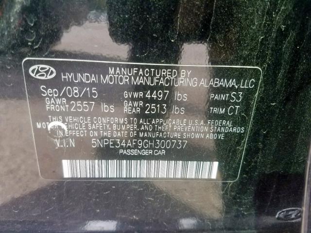 5NPE34AF9GH300737 - 2016 HYUNDAI SONATA SPO BLACK photo 10