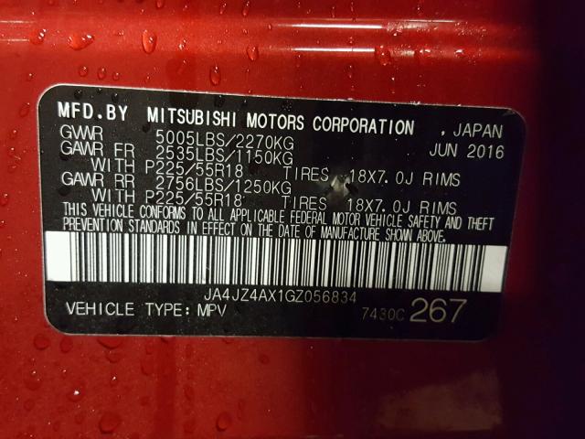 JA4JZ4AX1GZ056834 - 2016 MITSUBISHI OUTLANDER RED photo 10