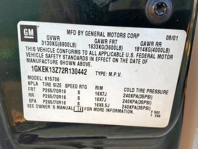 1GKEK13Z72R130442 - 2002 GMC YUKON GREEN photo 10