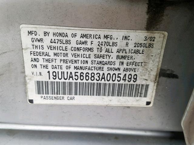 19UUA56683A005499 - 2003 ACURA 3.2TL SILVER photo 10