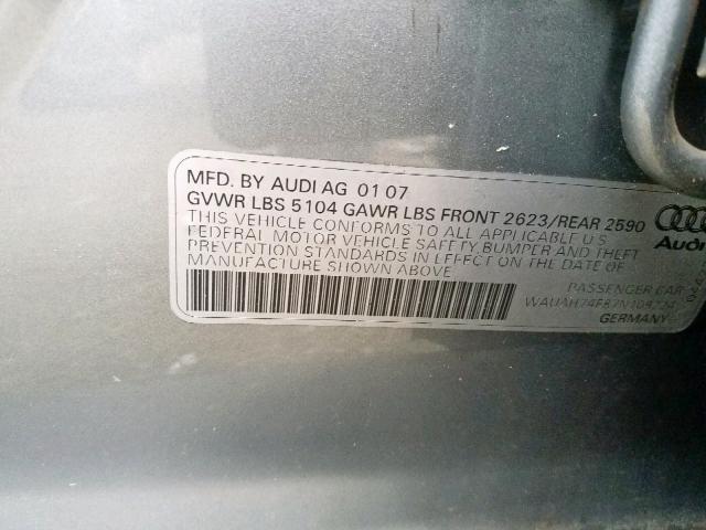 WAUAH74F87N109224 - 2007 AUDI A6 3.2 GRAY photo 10