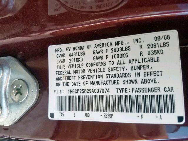 1HGCP25829A007074 - 2009 HONDA ACCORD EXL BURGUNDY photo 10