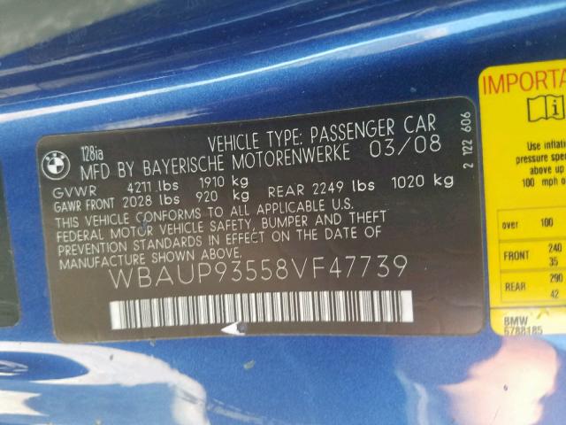 WBAUP93558VF47739 - 2008 BMW 128 I BLUE photo 10