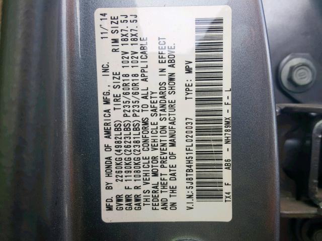 5J8TB4H51FL020037 - 2015 ACURA RDX TECHNO SILVER photo 10