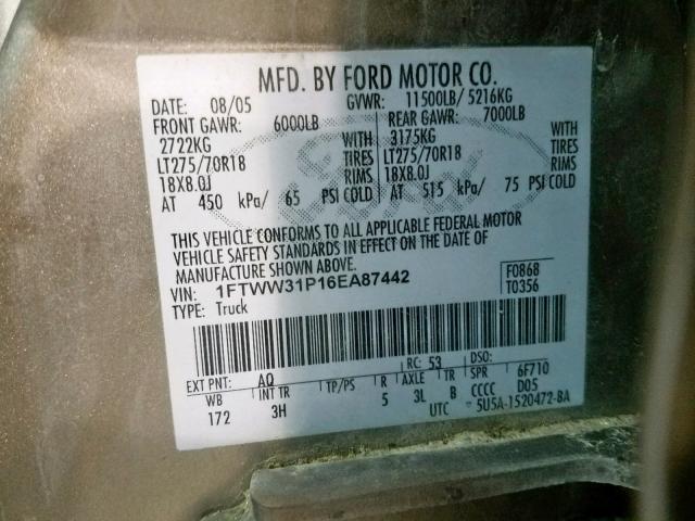 1FTWW31P16EA87442 - 2006 FORD F350 SRW S GRAY photo 10