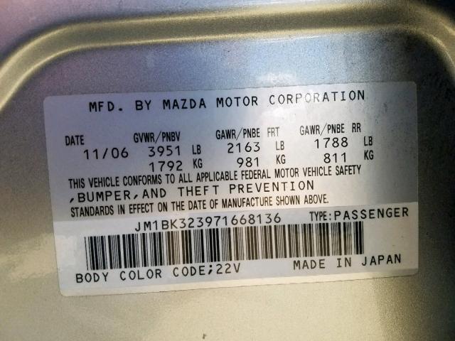 JM1BK323971668136 - 2007 MAZDA 3 S SILVER photo 10