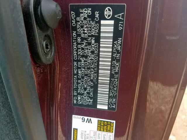 JTKDE167470218233 - 2007 TOYOTA SCION TC ბურგუნდია ფოტო 10