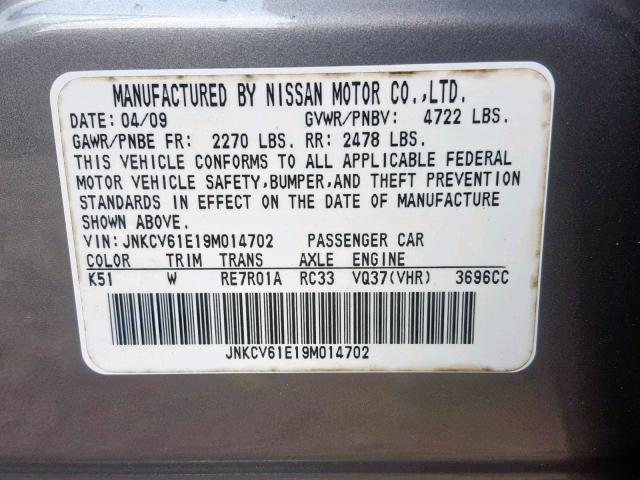 JNKCV61E19M014702 - 2009 INFINITI G37 BASE GRAY photo 10