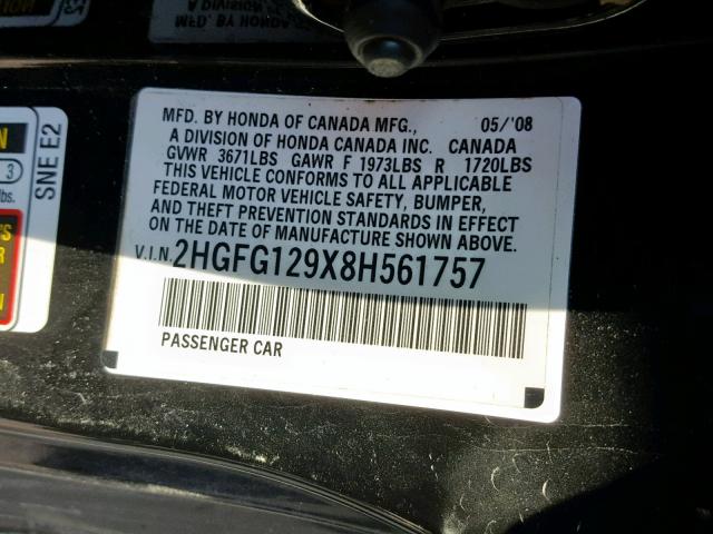 2HGFG129X8H561757 - 2008 HONDA CIVIC EXL 黑色 照片 10