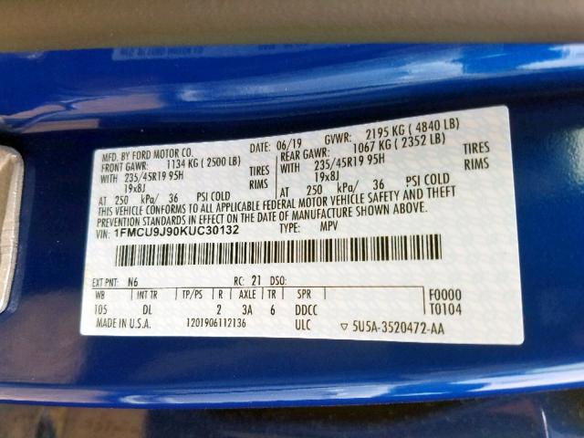 1FMCU9J90KUC30132 - 2019 FORD ESCAPE TIT BLUE photo 10