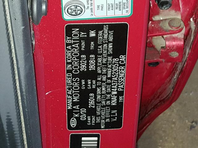 KNAFW4A37A5230578 - 2010 KIA FORTE SX RED photo 10