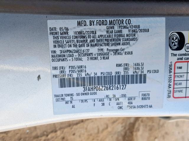 3FAHP06Z26R216127 - 2006 FORD FUSION S SILVER photo 10