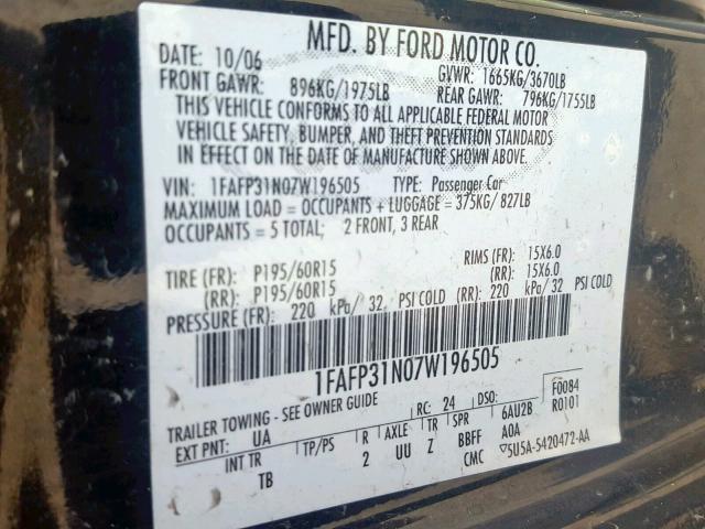 1FAFP31N07W196505 - 2007 FORD FOCUS ZX3 BLACK photo 10