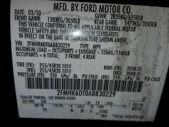 2FMHK6DT0ABB30229 - 2010 FORD FLEX LIMIT BLACK photo 10